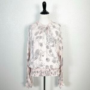 WORTH New York Office Pink and Black Floral Print Silk Smocked‎ Blouse Large